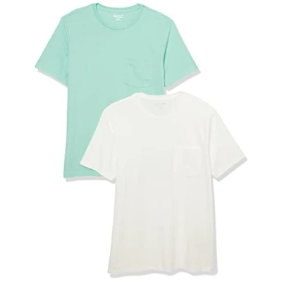 Abbildung von Amazon Essentials Herren T Shirt mit kurzen Ärmeln, Rundhalsausschnitt und Tasche in schmaler Passform, 2er Pack, Weiß/Aquablau, XS