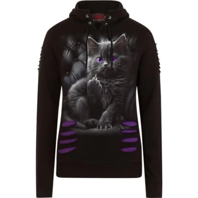 Abbildung von Spiral Cattitude Große Kapuze Ripped Hoody Lila Schwarz, Schwarz , 46