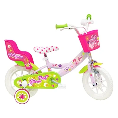 Abbildung von Vélo ATLAS Mädchen Fahrrad, 12 Zoll, Pink Bloom, ausgestattet mit 1 Bremse, Korb vorne, Puppenhalter, Schutzbleche, Carter und Stabilisatoren, Pastellrosa