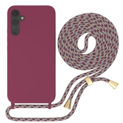 Abbildung von EAZY CASE Necklace Silicon kompatibel mit Samsung Galaxy A34 Slim Microfiber, Phone Case, Abnehmbare Handykordelabnehmbar Beere Schulterriemen in Rot Camouflage Clips Gold