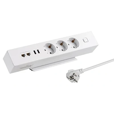 Abbildung von maxtrack Tischsteckdose NV64L 3 Fach Schutzkontakt mit 2X USB und LAN Anschluss, Mehrfachsteckdose für Zuhause Anschraubbar, Knopf zum EIN Ausschalten, Steckdosenleiste 1,8m Kabel