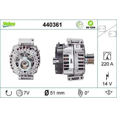 Abbildung von VALEO 440361 Lichtmaschine 14V 220A MERCEDES BENZ: E Klasse Limousine, T modell, Coupe