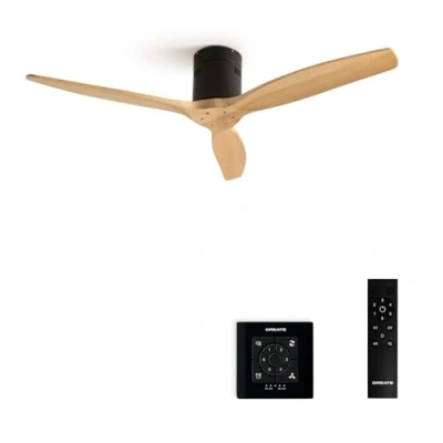 Abbildung von CREATE / WINDCALM/Deckenventilator Schwarz Naturholzflügel mit Fernbedienung und Wandschalter 40W, Leise, Ø132 cm, 6 Geschwindigkeiten, Timer, DC Motor, Sommer Winterbetrieb