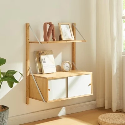 Abbildung von [en.casa] Wandregal Tingvoll Hängeregal 85 x 65 34 cm Bücherregal schwimmendes Regal mit Einer Ablage und einem Schrank Schweberegal Bambus in Naturfarben