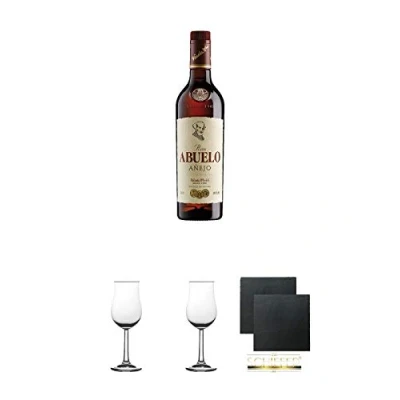 Abbildung von Abuelo Anejo Reserva Especial Rum Panama 0,7 Liter + 2 Bugatti Nosing Gläser mit Eichstrich 2cl und 4cl Schiefer Glasuntersetzer eckig ca. 9,5 cm Ø