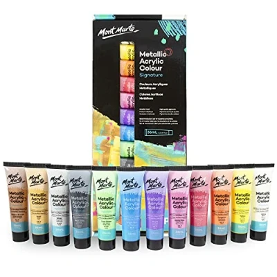 Abbildung von Mont Marte Acrylfarbe Metallic Farbset, 12 x oder 36 abgestimmte Farben in ml (wählbar), Gut deckende &amp; Optik
