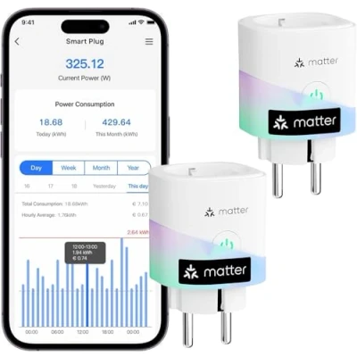Abbildung von meross Matter WLAN Steckdose mit Stromverbrauch, Smart Stromzähler für Balkonkraftwerk, funktioniert Apple HomeKit, Alexa und Google, 16A, Sprachsteuerung, Fernzugriff, 2er