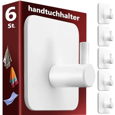 Abbildung von Menz Handtuchhaken ohne Bohren, 6 Stk. Weiße Handtuchhalter Bohren für bombenfesten Halt, Edelstahl Klebehaken, Haken selbstklebend, starke Badezimmer Handtuchhalter, Bad