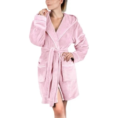 Abbildung von Gräfenstayn Damenbademantel Bademantel Damen kurz mit Kapuze aus kuscheligem Flanell Fleece, warm &amp; kuschelig, Knielang, Fronttaschen, Gürtel, S XXL