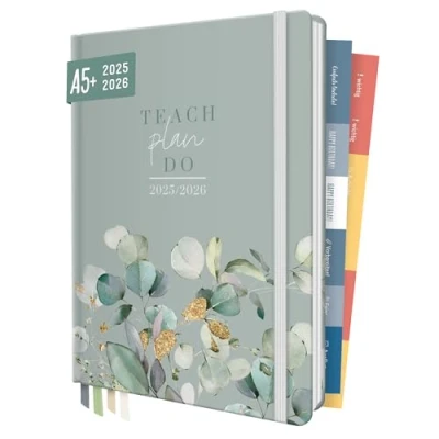 Abbildung von Häfft® Lehrer Planer 2025/2026 A5 + &quot;Minty Leaves&quot; Hardcover Lehrerkalender/Schuljahresplaner mit 236 Seiten, Stickern und mehr nachhaltig &amp; klimafreundlich