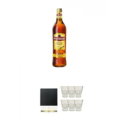 Abbildung von Wilthener Goldkrone Weinbrand mit Vanilla 0,7 Liter + Schiefer Glasuntersetzer eckig ca. 9,5 cm Durchmesser Shotglas 6 Stück