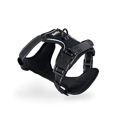 Abbildung von lionto Hundegeschirr gepolstert aus weichem Nylon, Größe M, reflektierendes Anti Zug Geschirr für Hunde mit 2 Ringen &amp; 4 Einstellgurten, Zwei Klickverschlüsse gummierter Griff am Rücken, schwarz
