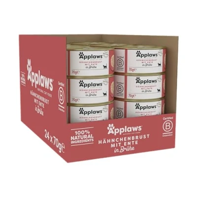 Abbildung von Applaws 100% natürliches Premium Nassfutter für Katzen, Hühnerbrust mit Ente in Brühe Packung 24 x 70g Dosen