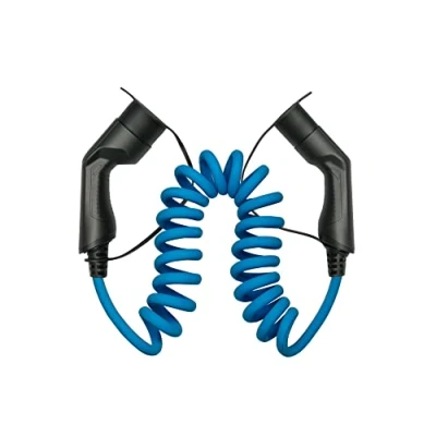 Abbildung von E Auto Ladekabel Mode 3, Typ 2 Stecker an Buchse, 3 phasig, 32 A, 22 kW, Spiralkabel, blau, 5m