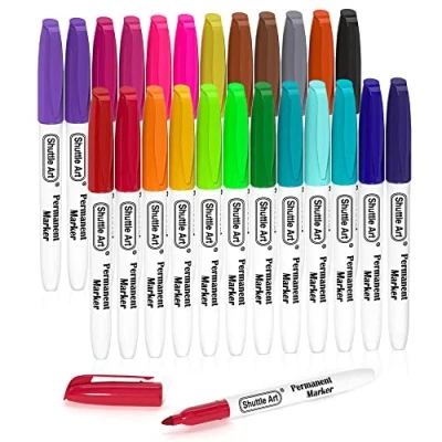 Abbildung von Shuttle Art Permanent Marker fein, 24 bunt mit feiner Spitze, Folienstift permanent, wasserfeste Stifte, Filzstifte, für Kunststoff, Stein und Glas zum Bemalen Färben geeignet.