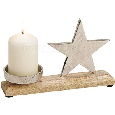 Abbildung von matches21 Kerzenständer mit Stern aus Metall &amp; Holz Weihnachten Dekoration Skulptur Silber/braun 1 STK 23x16x5 cm
