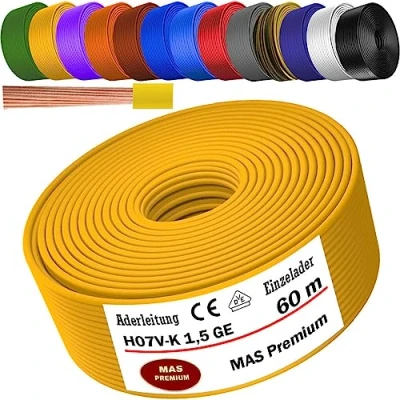 Abbildung von MAS Premium Von 5 bis 100m Aderleitung H07 V K 1x1,5 mm² SW HBL GNGE GN RT DBL BR OR GR WS VIO U MAR.BL RS RTWS DBLWS oder GE Einzelader flexibel (Gelb, 60m)