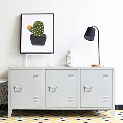 Abbildung von [en.casa] TV Schrank Kotka Lowboard mit 3 Türen Board Weiß Fernsehtisch Kommode Fernsehschrank 113 x 40 58 cm Metall