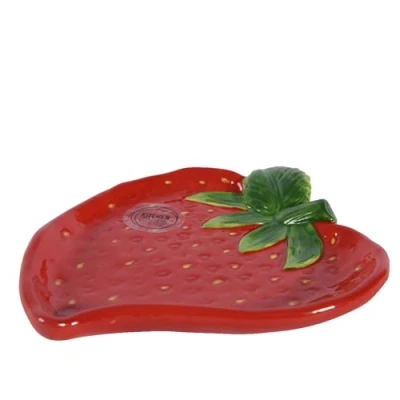 Abbildung von Teller 17cm Keramik in Erdbeer Form Servierteller Dessertteller Kuchenteller Frühstücksteller Obstteller Dekoteller Frühling &amp; Sommer Früchte Geschirr Rot Grün