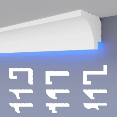 Abbildung von HEXIMO LED Schattenfugenprofil Stuckleisten, indirekte Beleuchtung XPS Styropor Trockenbau Deckenstuck Stuckleisten für Decken (30,6 Meter HLED 27)