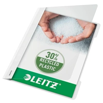 Abbildung von Leitz A4 Standard Schnellhefter, 25er Pack, 30 Prozent Pre Consumer Recycling Kunststoff, Hefter für Blätter, 60 Blatt Kapazität, optimal als Dokumententasche Schule oder Büro, Weiß, 41910001
