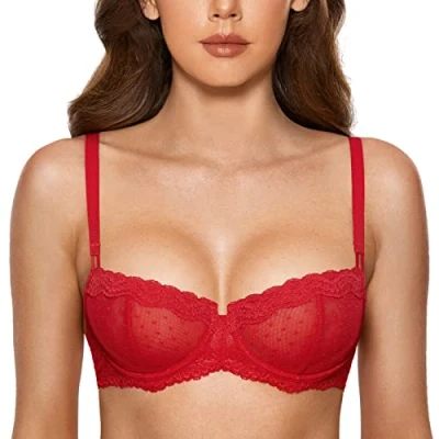 Abbildung von DOBREVA Balconette BH Damen mit Bügel Push Up Dirndl Spitze BHS Sexy Grosse Grössen Ungefüttert Lippenstift Rot 80E