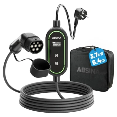 Abbildung von ABSINA Typ 2 Ladekabel Schuko mit Einstellbarer Ladeleistung ICCB 3,7kW 16A 1 phasig IP67 6 m Kabel auf für i3, e Up, ID.3, ID.4, Zoe, fortwo, Kona UVM
