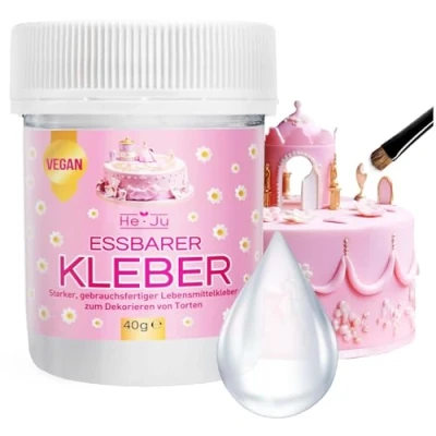 Abbildung von He Ju Lebensmittelkleber essbar 1x 40g, essbarer Kleber transparent und vegan (ohne Gelatine) zum Dekorieren für Motivtorten, Zuckerguss, Fondant u.v.m.glutenfrei