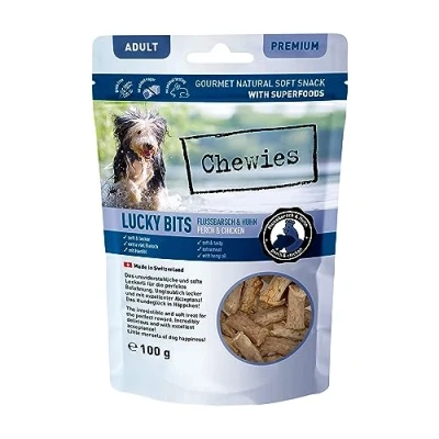 Abbildung von Chewies Lucky Bits Flussbarsch &amp; Huhn Adult Hundeleckerli Hunde Leckerlis getreidefrei Soft mit viel Protein und Superfoods wie Bierhefe oder Ginkgo, ohne Zucker (100 g)