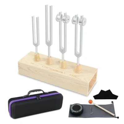 Abbildung von NEWFUN Stimmgabel,Stimmgabel Neurologie,4er Set (128 Hz, 136.1 256 Hz,384 Hz), für Klangtherapie Gewichtete Stimmgabel Geeignet Meditation, Anti Kompression