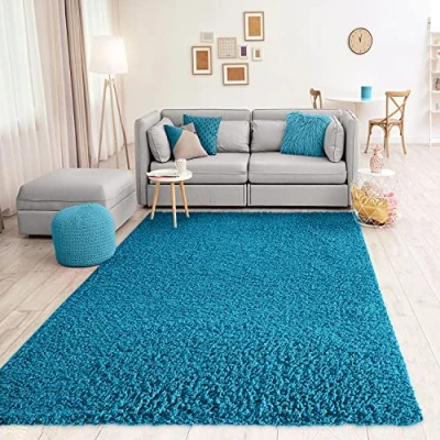 Abbildung von VIMODA Teppich Prime Shaggy Hochflor Langflor Einfarbig Modern Türkis für Wohnzimmer, Schlafzimmer, küche, Maße:150 cm Quadrat