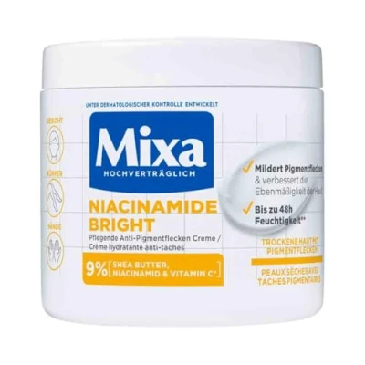 Abbildung von Mixa Niacinamide Bright pflegende Anti Pigmentflecken Creme mit 9% Shea Butter, Niacinamid und Vitamin C für Gesicht, Körper Hände, 400 ml