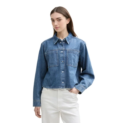Abbildung von TOM Tailor denim Shirt WITH Pockets Hemdbluse, Damen, Größe: Small, Used light stone blue
