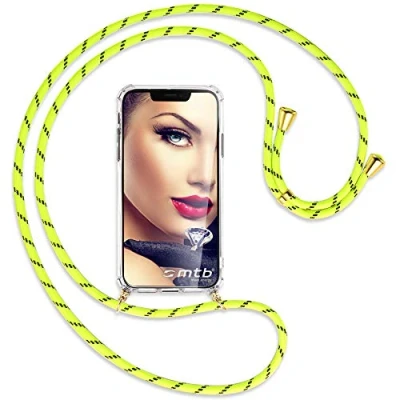 Abbildung von mtb more energy® Handykette kompatibel mit Samsung Galaxy A55 Neon Gelb gestreift/Goldfarbene Ösen Smartphone Hülle zum Umhängen Anti Shock Full TPU Case