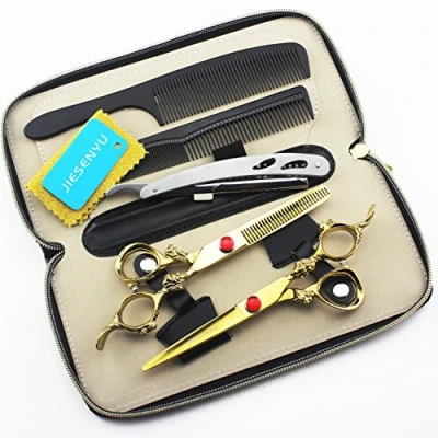 Abbildung von JIESENYU Professionelle Friseurschere Friseurschere, japanisches Haarschneidenset aus Edelstahl, mit Rasiermesser Ledertasche für 6 Zoll 17,2 cm