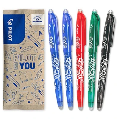 Abbildung von Pilot 5 Frixion Ball Gel Tinte radierbar nachfüllbar und ergonomisch 2 blau, 1 rot, schwarz, grün feine Spitze