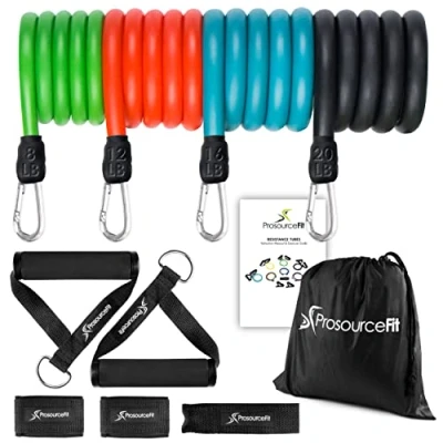 Abbildung von ProsourceFit Premium Heavy Duty Tube Double Dipped Latex Stackable Resistance Bands Set 5 20 LB with Door Anchor and Exercise Chart Full Body Exercises Home Workouts