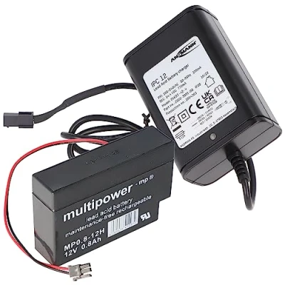 Abbildung von AccuCell Neu Ladegerät inkl. 1 Bleigel Akku mit Kabel und Molex Stecker schwarz passend für Multipower Blei MP0.8 12H Heim Haus ALCS 2 24A Automatik Batterieladegerät Erhaltungsladung