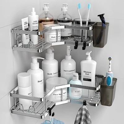 Abbildung von FINIBO Duschablage Ohne Bohren, 2 Stück Selbstklebend Eckregal Badezimmer Organizer, Duschregal Edelstahl mit 4 Haken und Zahnpasta Halter, Schwarz Duschkorb für Bad Küche