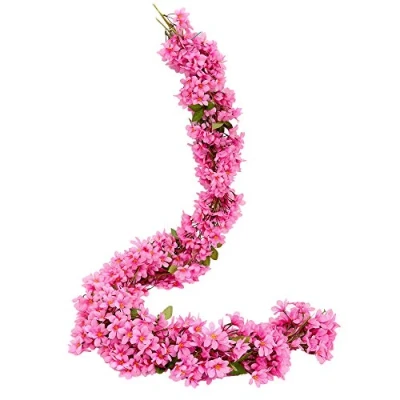 Abbildung von JUSTOYOU 2 Stücke 5.7FT Künstliche Sakura Kirschblüte Blumen Hängen Reben Gefälschte Garland Orientalischen Kirschkranz Hausgarten Party Hochzeit Decor（Rosenrot）