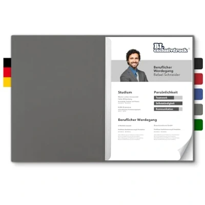 Abbildung von 5 Stück zweiteilige Bewerbungsmappen BL exclusivdruck® in Steingrau Premium Qualität mit edler Relief Prägung &#039;Bewerbung&#039; Produkt Design von &#039;Mario Lemani&#039;