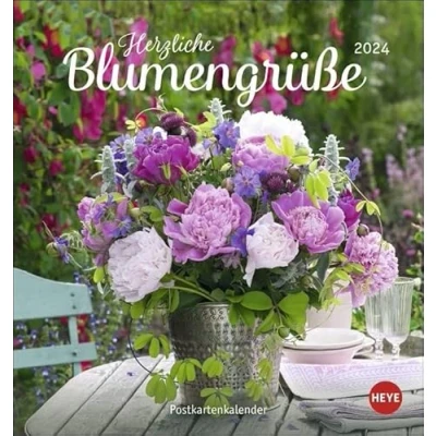 Abbildung von Blumengrüße Postkartenkalender 2024. Kleiner Kalender mit 12 traumhaften Fotos von Blumensträußen und Blüten. Zum Aufstellen oder Aufhängen. Blumen 2024 Postkarten.