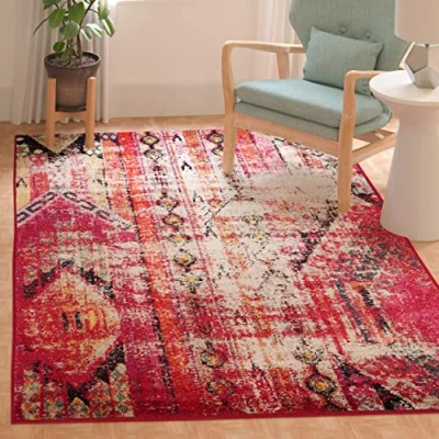 Abbildung von SAFAVIEH Boho Teppich für Wohnzimmer, Esszimmer, Schlafzimmer Monaco Collection, Kurzer Flor, Magenta und Multi, 91 X 152 cm