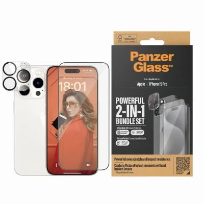 Abbildung von 2er pack Apple iPhone 15 Pro Panzerglas PanzerGlass 2 in 1 Screenprotector en cameraprotector Ultra Wide Fit Anti Bacterial