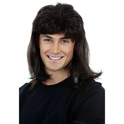 Abbildung von ALLAURA Kompatibel mit Wayne&#039;s Wrld Perücke: Waynes Black Vokuhila Perücke, 80er Jahre Rocker Kostüm für Herren, Herrenperücke, Rock Kostüm, Metallhaar Perücke Halloween,