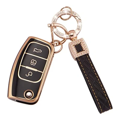 Abbildung von Koaudb Autoschlüssel Hülle Cover Passt für Ford Focus Fiesta Galaxy Kuga C Max S Mondeo MK4 3 Tasten Schlüsseletui TPU Schlüsselhülle mit Lederanhänger Schlüsselanhänger (BP Frd 3F)