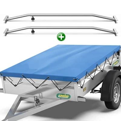 Abbildung von Tarpofix® Anhänger Plane 217 x 117 cm + 2x Planenbügel Anhängerplane Flachplane aus PVC PLANENMATERIAL Verstärkte Unsinn für 750kg PKW Hänger Abdeckplane Flachplanenbügel Blau