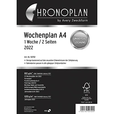 Abbildung von Chronoplan 50702 Kalendereinlage 2022, Wochenplan im A4 Format (210x297mm), Tage in Spalten, Ersatzkalendarium, ideal für detaillierte Wochenplanung, 4er Lochung (1 Woche auf 2 Seiten), weiß