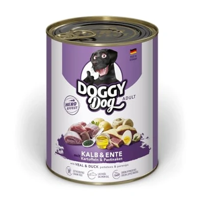 Abbildung von DOGGY Dog Paté Kalb &amp; Ente, 6 x 800 g, Nassfutter für Hunde, getreidefreies Hundefutter mit Lachsöl und Grünlippmuschel, Alleinfuttermittel Kartoffeln Pastinake, Made in Germany