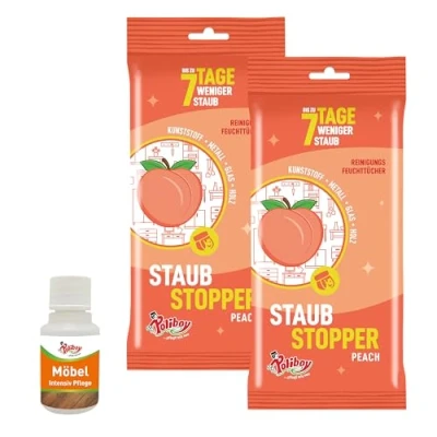Abbildung von POLIBOY Staubstopper Peach Feuchttücher Staubtücher mit Antistatik Effekt Allzwecktücher Pfirsichduft 2 x 24 Tücher Made in Germany